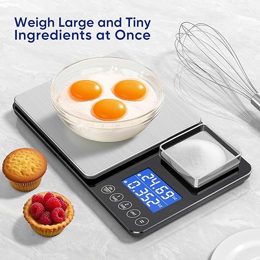 Dual Platform Food Kitchen Scale with 0.1g/0.001oz High Precision, 15kg/33lb Bakery Scale, Dual Accuracy Kitchen Scale for Sourdough Bread, Baking and Cooking with 7 Unit Tare and Totalizer