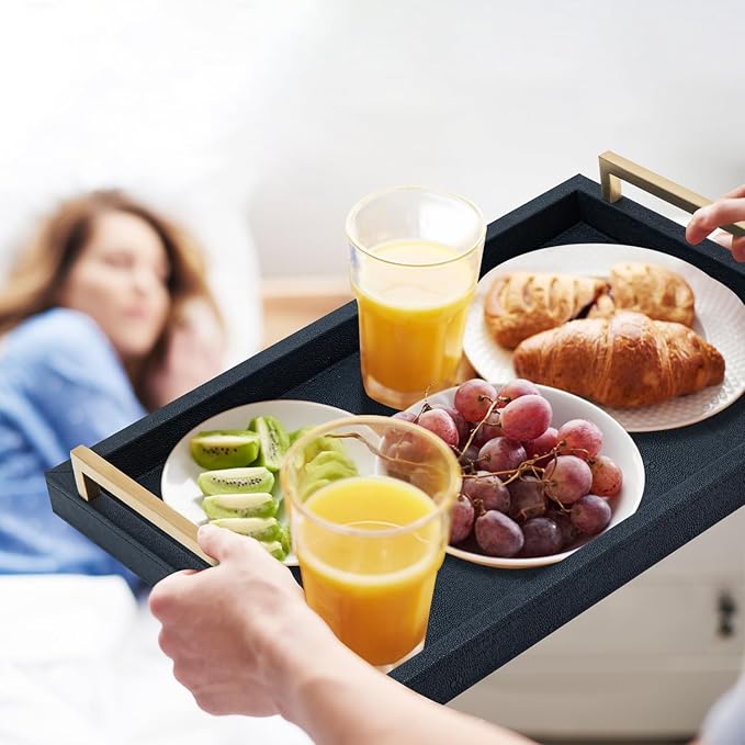 Black Faux Leather Serving Tray, 17x12 inches, Brushed Gold Handles, Decorative Tray for Ottoman Coffee Table, Living Room, Kitchen, Bathroom