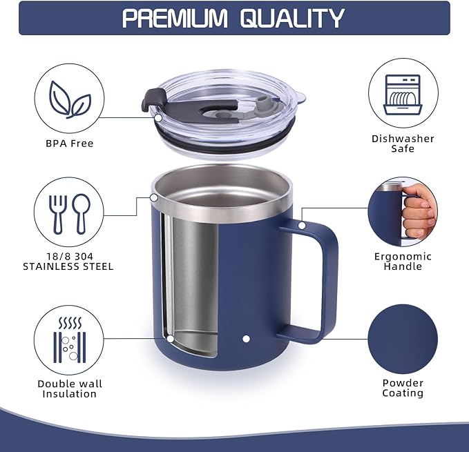 Volhoply 12oz Insulated Leakproof Coffee Mug with Sliding & Straw Lid Bulk 4 Pack,Double Wall Vacuum Stainless Steel Travel Tumbler Cup with Handle,Camping Mugs Keep Cold/Hot(Assort color,4 Set)