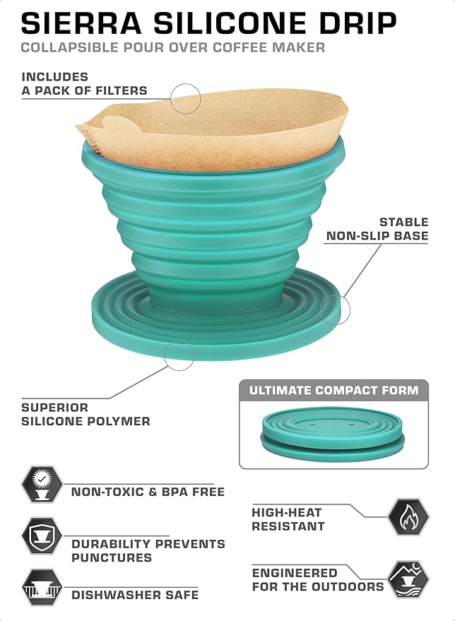 COLETTI Sierra Camping Pour Over Coffee Dripper — Collapsible Pour Over Coffee Dripper — Includes Pack of Paper Filters [Teal, Pack of 1]