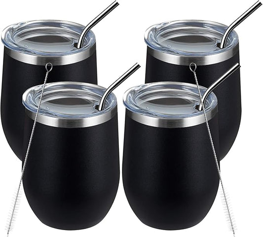 MEWAY 12oz/4 Pack Wine Tumbler Glasses with Lid - Stemless Double Wall Vacuum Stainless Steel Travel Tumbler - Keeping Cold & Hot for Wine,Coffee,Cocktails,Drinks-Family and Gifts (Black,Set of 4)