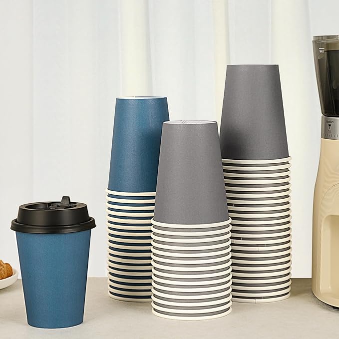LITOPAK 100 Pack 12 oz Disposable Paper Coffee Cups with Lids for Coffee, Water, Juice, or Tea, Blue and Gray Hot Paper Cups for Home, Restaurant, Store, and Cafe
