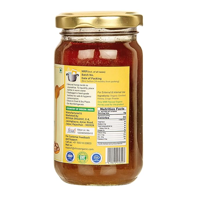 Shiva Organic Ginger Infused Honey - 100% Natural and Pure Organic Honey - GMP Certiied, 8.81 Ounces (250g)
