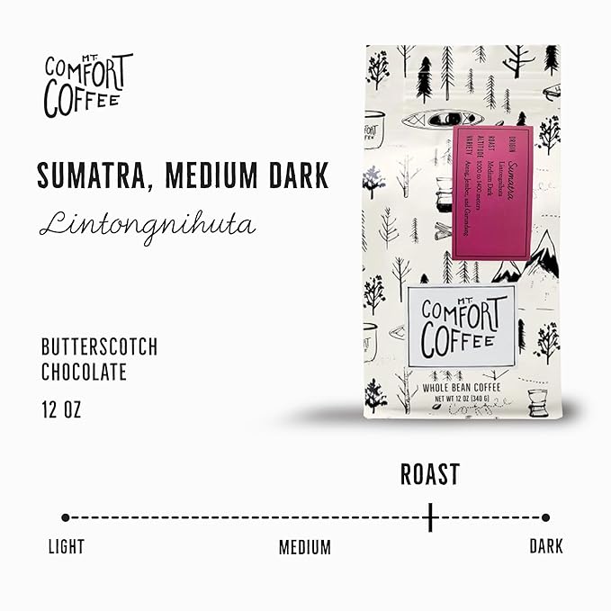 Mt. Comfort Coffee Sumatra Medium Dark Roast, 12 Ounce - Flavor Notes of Butterscotch and Chocolate - Sourced From Small, Indonesian Coffee Farms - Roasted Whole Beans
