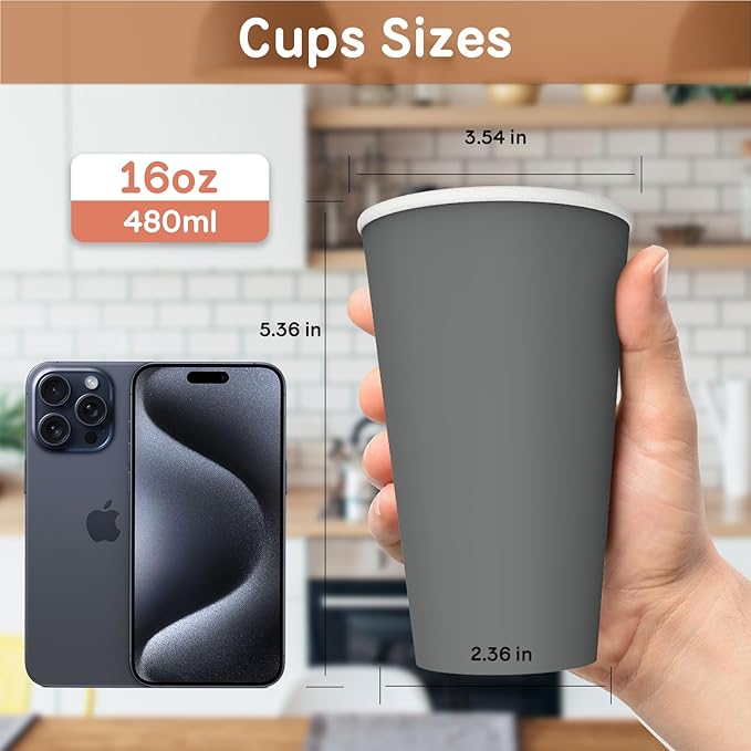 Lamosi 100 Pack 16 oz Disposable Coffee Cups with Lids and Sleeves, Grey Leak-Proof To Go Coffee Cups with Lids, Hot/Cold Beverage White Drinking Cup for Home, Office, Parties, Travel