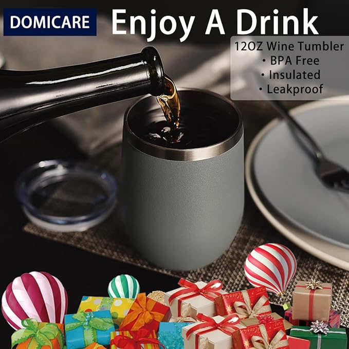 DOMICARE Stainless Steel Wine Tumbler Bulk with Lid, Personalized Insulated Tumblers Set, 12oz Travel Coffee Cups Pack of 4, Gray
