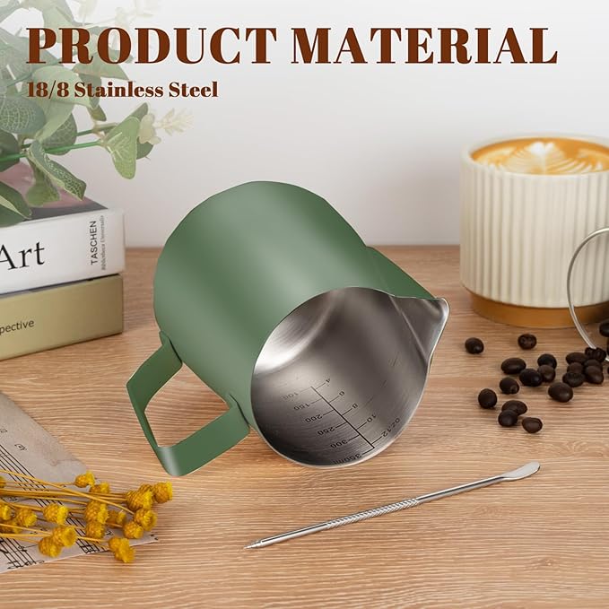 Milk Frothing Pitcher, 12 oz Milk Frother Cup with Clear Scale, 304 Stainless Steel Cappuccino Espresso Machine Accessories for Barista Coffee Bar with Latte Art Pen, Green