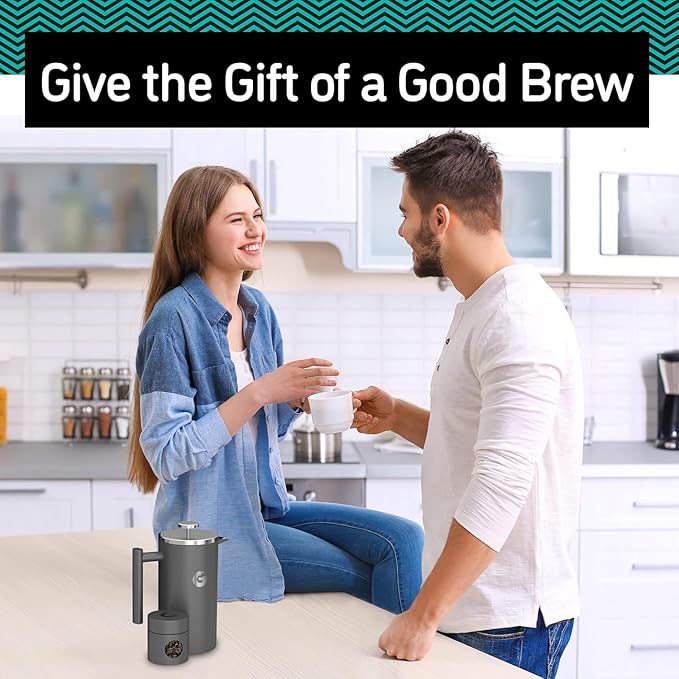 Coffee Gator 304 Grade Stainless Steel French Press Coffee Maker 34 oz, Double Wall Insulated Hot Cold Brew Teapot with 4-Level Filtration System, Include Travel Jar Canister, Rust-Free, Kitchen, Gray