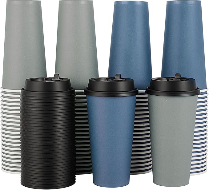 LITOPAK 100 Pack 20 oz Disposable Paper Coffee Cups with Lids for Coffee, Water, Juice, or Tea, Blue and Gray Hot Paper Cups for Home, Restaurant, Store, and Cafe