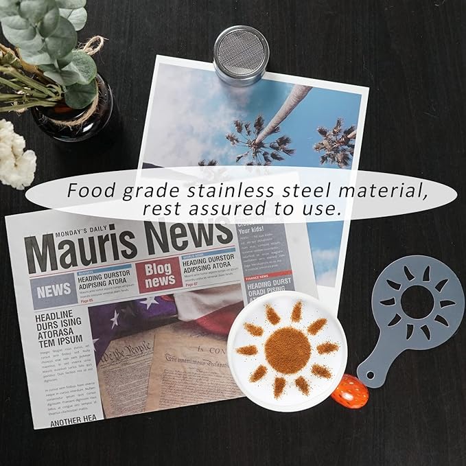 2 Pack Chocolate Shaker Powdered Sugar Shaker Duster 16 Coffee templates Set for Cream,Powdered Sugar,Cocoa,Cappuccino,for Kitchen,Drinks,Baking (18)