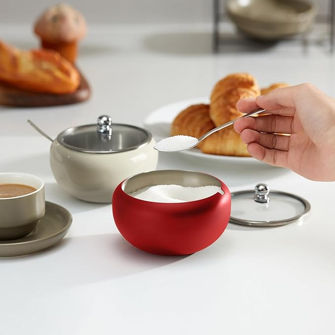 KooK Stainless Steel Sugar Bowl with Lid and Spoon, Serving Dish, Clear Glass Lid, Storage for Salt, Candy, Coffee, Holds 2 Cups, Dishwasher Safe, 16 oz Vintage White Glossy