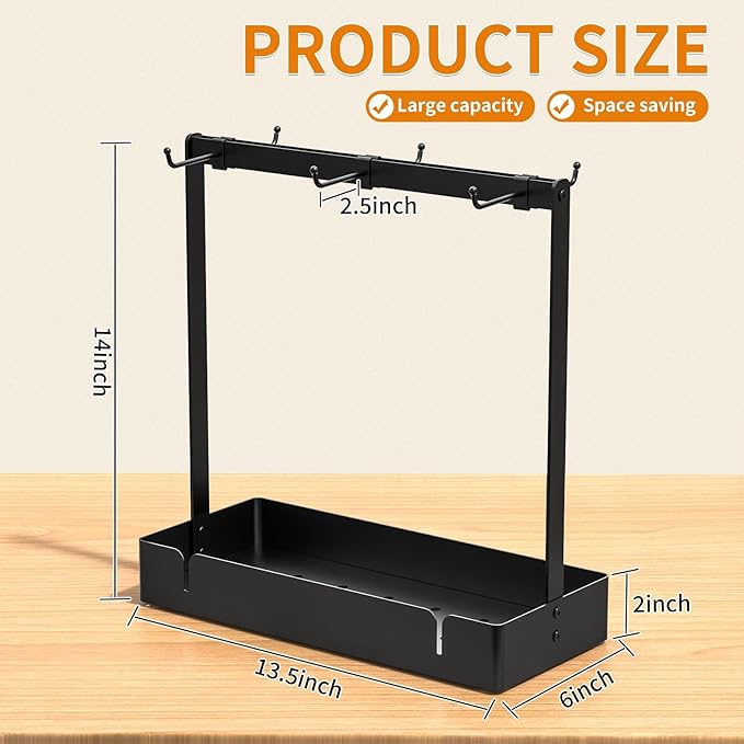 RCHYFEED Coffee Mug Holder Organizer with Movable Hooks, Coffee Cup Holder for Countertop, Metal Coffee Mug Tree Stand with Storage Basket, Cups Mug Rack for K Cup Pod Coffee Bar Kitchen, Black