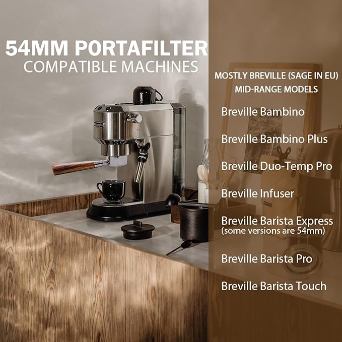 54mm Bottomless Portafilter with 3 Ears, Includes Magnetic Dosing Funnel, Etched & Sintered Filter Screens, Double Shot Basket, Stainless Steel Holder with Redwood Handle, Fits Breville54mm Machines