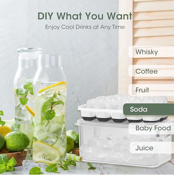 DOQAUS Ice Cube Tray with Lid and Bin - 4 Pack Silicone Ice Cube Trays for Freezer, Stackable Ice Bucket Kits with Storage Container & Scoop for Kitchen, RV, Cocktail, Coffee