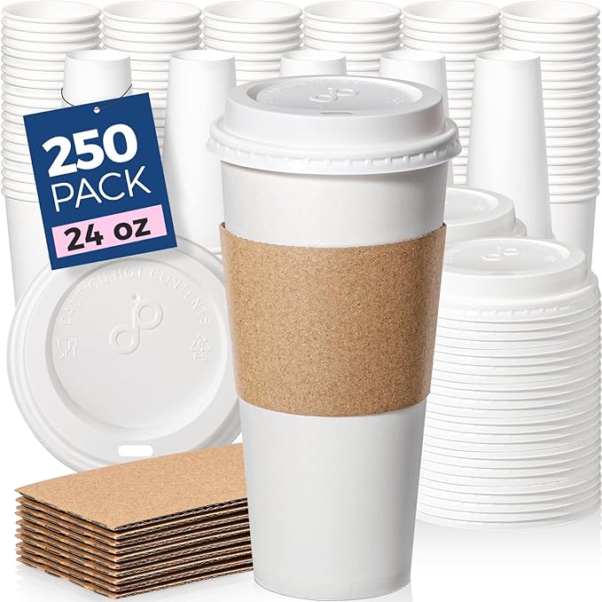 Fit Meal Prep 250 Pack 24 oz Disposable Coffee Cups with Lids, Sleeves, Leak-Proof To Go Coffee Cups with Lids, Durable Hot Paper Cups for Home, Office, Party, Business