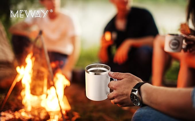 MEWAY 12oz Coffee Mug With Handle and Sliding Lid,Stainless Steel Travel Tumbler Cup with Handle,Double Wall Vacuum Insulated Camping Cup for Hot & Cold Drinks Tea (White, Set of 1