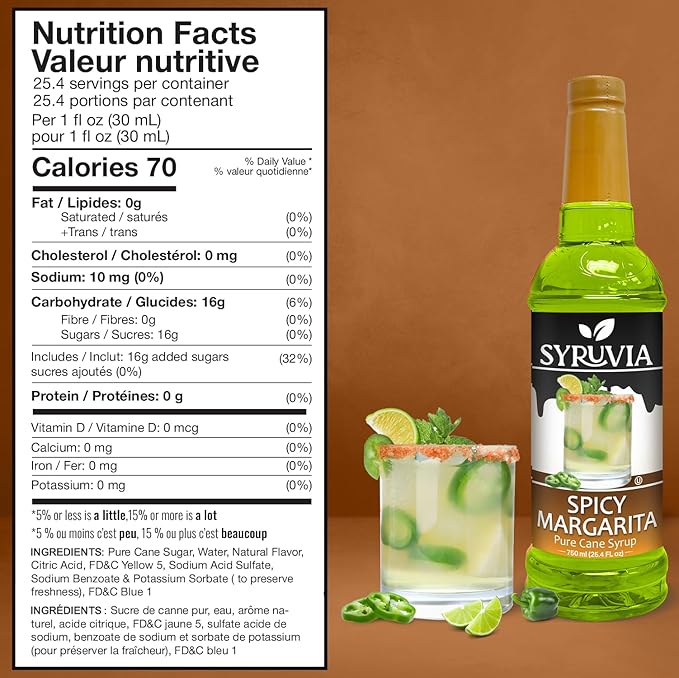 Syruvia Spicy Margarita Syrup, Flavored Syrup for Cocktails, Drinks, Lemonades, Iced Teas, and Desserts – 25.4 fl oz