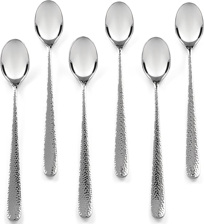 Hudson Essentials Hammered Iced Tea Spoons, 18/10 Stainless Steel Long Handle Spoons for Stirring Cocktails, Tea, Coffee, Set of 6 - Bergamo