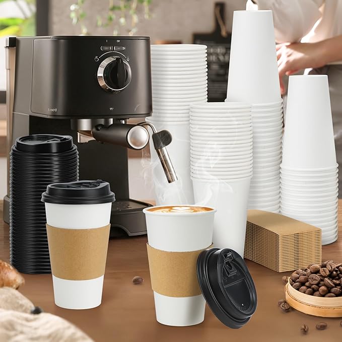 Lamosi 50 Pack 20 oz Disposable Coffee Cups with Lids and Sleeves, Grey To Go Leak-Proof Black Paper Cups for Picnics, Parties, Travel, Offices and Coffee Bar Supplies