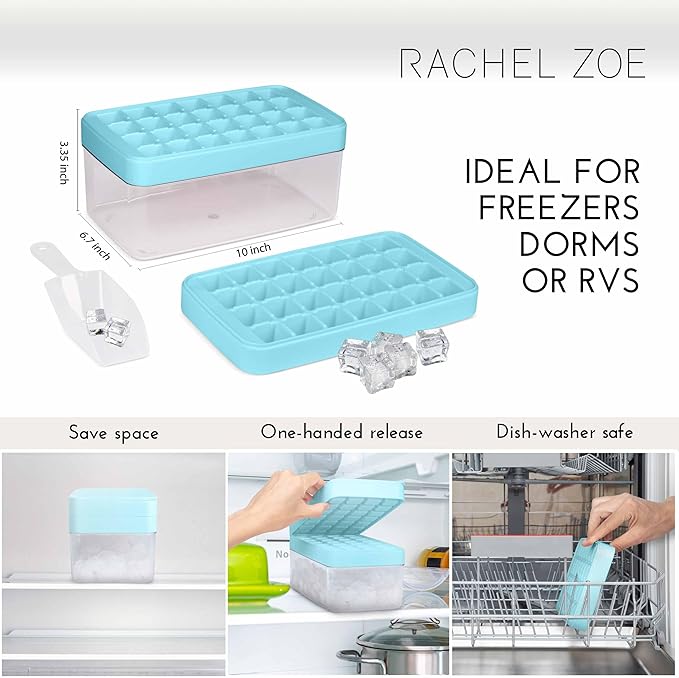 Rachel Zoe 2-Piece Stackable Ice Cube Tray with Bin Set, BPA Free 56 Cubes Ice Tray for Freezer with Bucket, Scoop and Easy Release Lid, for Fruit & Herb Infusions, Cocktails, Iced Coffee Drinks
