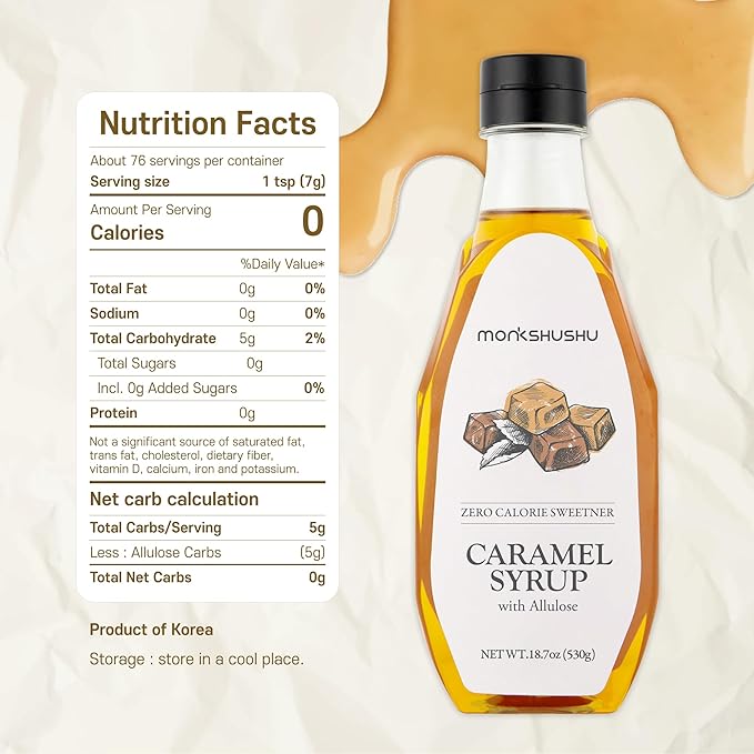 MONKSHUSHU Caramel Allulose Syrup 18.7 Fl Oz for coffee, drinks - Keto Diet, Vegan friendly, Diabetes-Safe - Zero Calorie, Liquid type Sugar Substitute - Monk Fruit - Gluten Free, 0g Net Carbs, Non-GMO