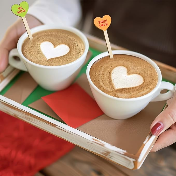 120Pcs Valentine's Day Coffee Stirrers Pastel Conversation Heart Stir Sticks Wooden Drink Stirrers Disposable For Home Office Bar Restaurant Party Supplies