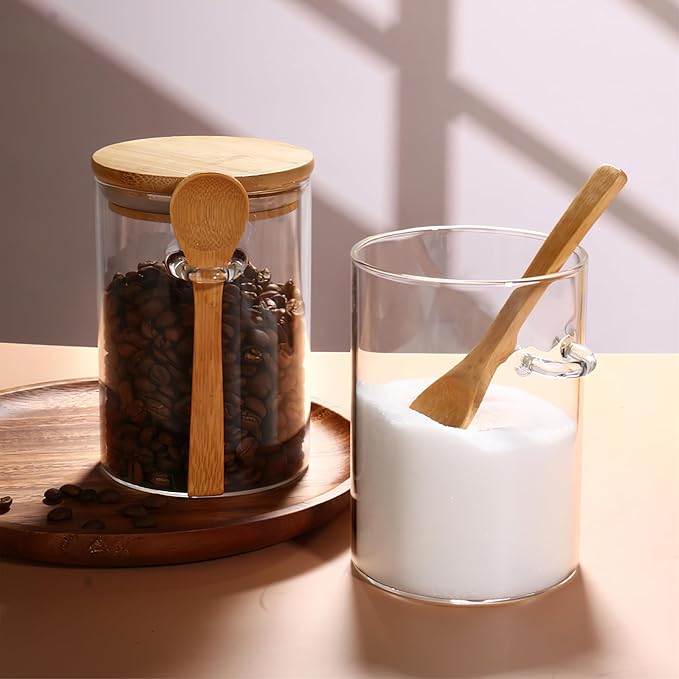 MOLFUJ 2 Pack Clear Glass Storage Canister with Airtight Lid, 15 oz/450 ml Small Decorative Container Jar with Wooden Spoon for Overnight Oatmeal Coffee Spice Candy Salt Cookie Condiment Pepper Sugar