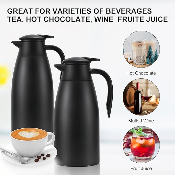 Updated Thermal Coffee Carafe, 70 Oz Insulated Stainless Steel Coffee Carafes for Keeping Hot Coffee & Water Hot Beverage-12Hours, Double Walled Vacuum Thermos Carafe(Black+White）