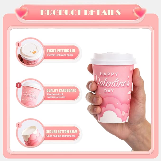 FOBSME 50 Pcs Valentine Disposable Coffee Cups With Lids 12oz Pink Cloud Heart Paper Cups Happy Valentine’s Day Drinking Cups for Wedding Anniversary Party Supplies