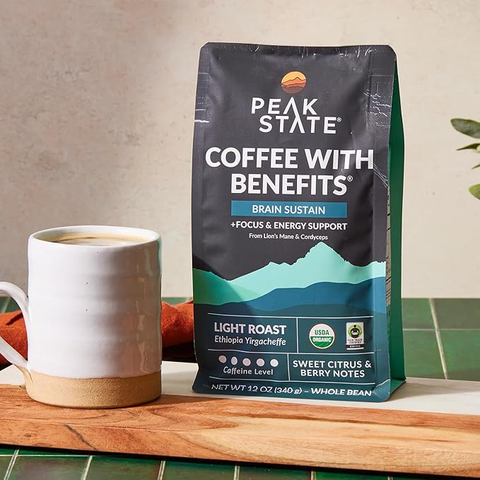Peak State Coffee with Benefits, 3 Bag Variety Pack, Mushroom Coffee, Low Acid & Smooth, Immunity Boost, Brain Sustain & Stress Less, Organic Whole Bean Coffee, Gluten Free, 12 oz. Each