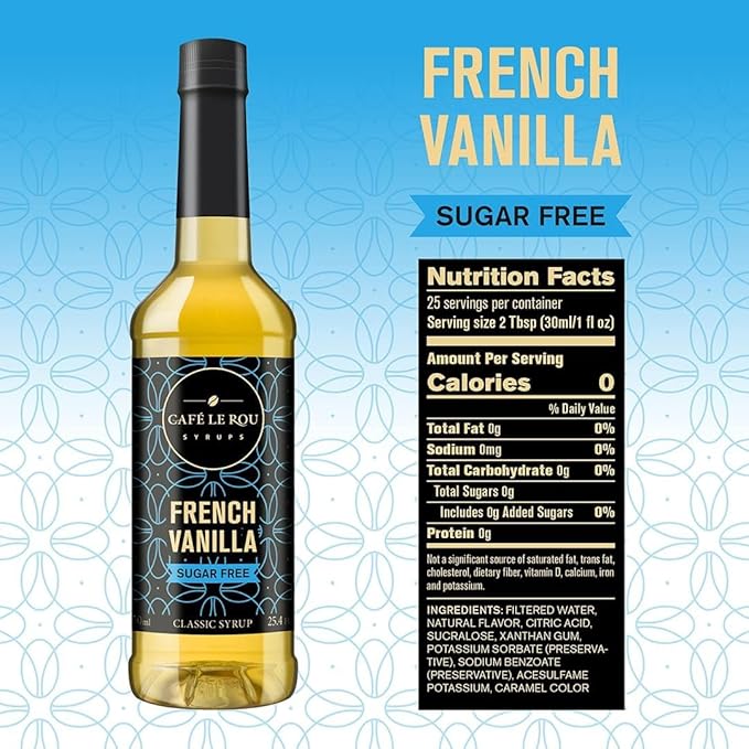 Café Le Rou French Vanilla sugar-free syrup bottle with nutrition facts label and blue patterned background