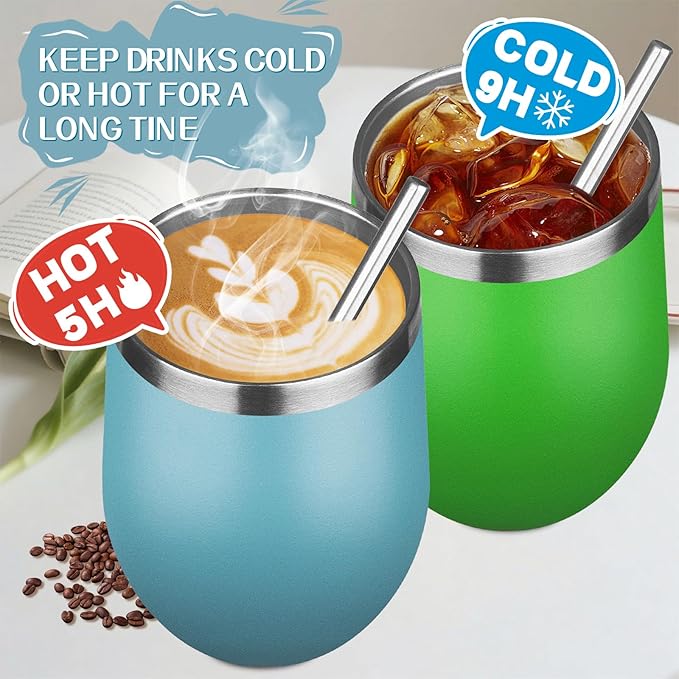 12oz/4 Pack Stainless Steel Wine Tumbler with Lid and Straw, Double Wall Vacuum Insulated Wine Tumbler Glasses, Stemless Travel Mugs for Hot and Cold Drinks, Coffee, Wine, Cocktails