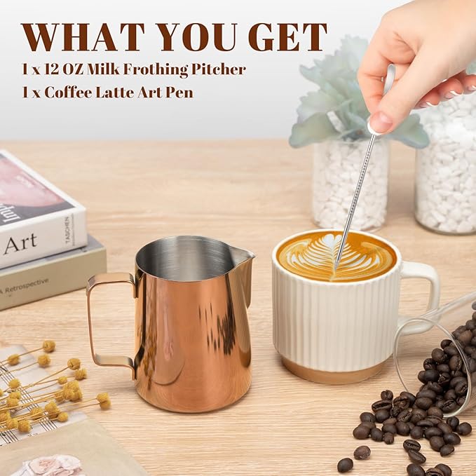 Milk Frothing Pitcher, 12 oz Milk Frother Cup with Clear Scale, 304 Stainless Steel Cappuccino Espresso Machine Accessories for Barista Coffee Bar with Latte Art Pen, Rose Gold