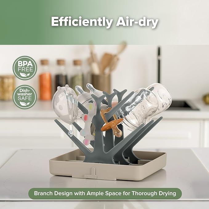 haakaa Portable Baby Bottle Drying Rack, Space Saving Bottle Drying Tree for Bottles/Pump Parts/Pacifiers and Other Baby Essentials, Easy-Store Dryer Rack Great for Home & Travel, BPA Free (Grey)