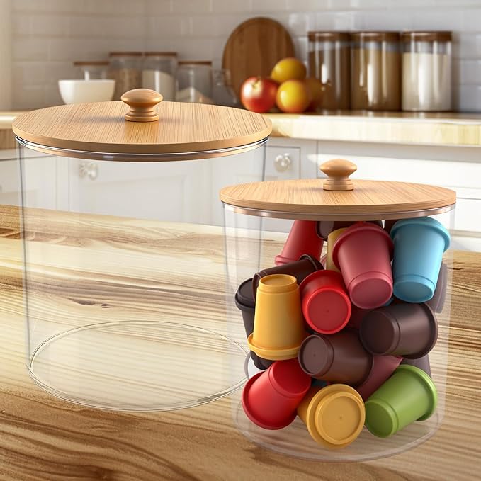 2 Pack Coffee Pod Holder with Bamboo Lid, Clear Coffee Pods Storage Basket Large Capacity K Cup Holder for Kitchen Countertop, Coffee Filter Holder, Cafe Bar Organizer, Office Desktop