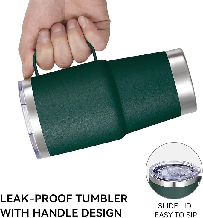 VEGOND 20 oz Tumbler with Handle Lid and Straw, Stainless Steel Insulated Travel Coffee Mug Spill Proof Double Wall Metal Tumbler Cup Keeps Drink Hot and Cold, Dark Green 1 Pack