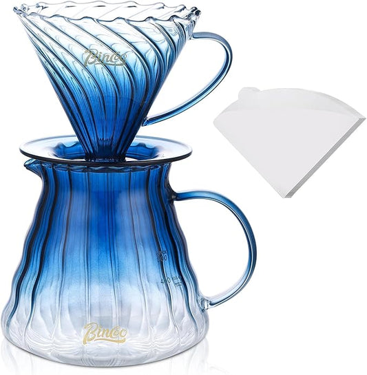 Bincoo Pour Over Coffee Maker Set with Dripper Size 02,600ml Glass Coffee Server Set,60 Angle Tapered Glass Coffee Dripper with Stand&Filter Paper for Home Office Gift (Blue)