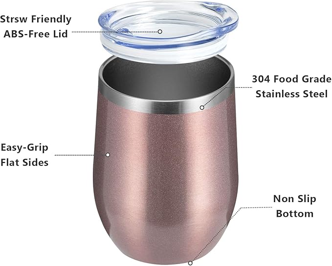 MEWAY 12oz/4 Pack Wine Tumbler Glasses with Lid - Stemless Double Wall Vacuum Stainless Steel Travel Tumbler - Keeping Cold & Hot for Wine,Coffee,Cocktails,Gifts (Rose gold,Set of 4)