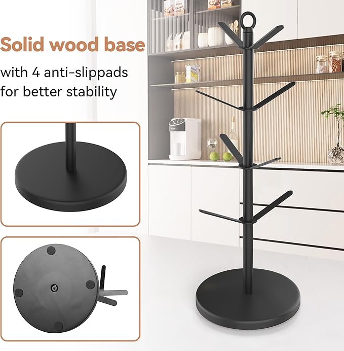 simesove Coffee Mug Holder, Non-Slip Cup Tree with 8 Hooks, Wood Stand Organizer for Counter, Bar and Kitchen Home Decor (Black)