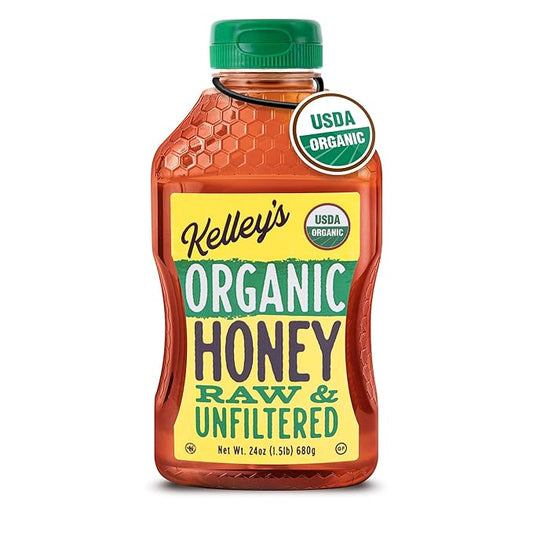 Kelley's 100% Organic Raw & Unfiltered Honey, USDA Certified, 24 Oz – All Natural, Flavor-Rich Honey for Fruits, Yogurt, Smoothies, Acai Bowls, Tea – Natural Sugar Substitute