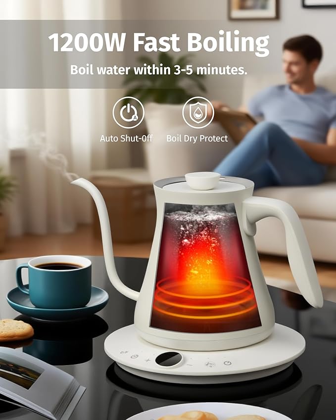 0.8L Gooseneck Electric Kettle, Precise Temperature Control for Pour Over Coffee & Tea, 1200W Fast Boiling Water, Auto Shut Off, Scheduling, Stainless Steel, White
