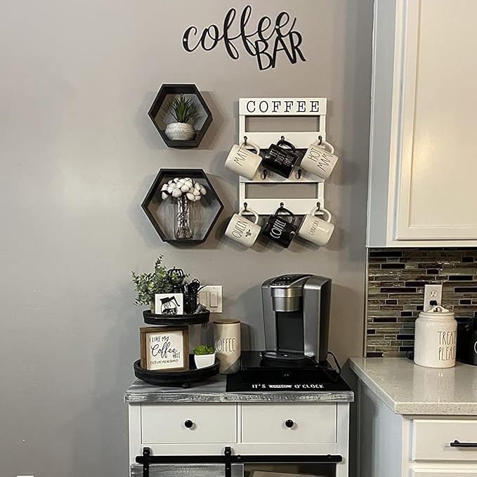 Solid Wood Coffee Mug Holder Wall Mounted, Rustic Cup Rack with 8 Hooks Large Space for Big Cups for Kitchen, Home, Coffee Bar Station (White)