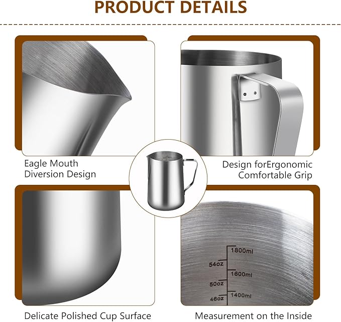 60oz Milk Frothing Pitcher with Latte Art Pen-Stainless Steel Steaming Jug for Espresso, Cappuccino & Coffee-Heat-Resistant, Dripless Spout, Measurement Scale, Dishwasher Safe (1800ml/60oz)