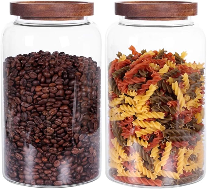 Large Glass Jar with Airtight Lid Set of 2 93 FL OZ(2750ml) glass canister set, Glass Food Containers Wooden Lid Suit for Kitchen Pantry for Flour, Tea, Coffee Beans, Sugar, Cookies(8.8 inch high)