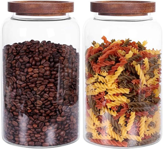 Large Glass Jar with Airtight Lid Set of 2 93 FL OZ(2750ml) glass canister set, Glass Food Containers Wooden Lid Suit for Kitchen Pantry for Flour, Tea, Coffee Beans, Sugar, Cookies(8.8 inch high)