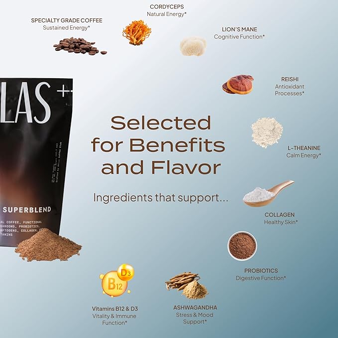 Atlas+ Coffee Superblend– Instant Mushroom Coffee with Lion’s Mane, Reishi, Cordyceps, Ashwagandha, Probiotics, Vitamin D3 & B12– for Energy, Focus, Immunity & Gut Health– 56 Servings (2 Bags)