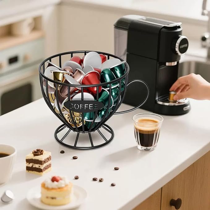Coffee Pod Holder,Large K Cup & Capsule Storage Organizer, Tea Cup Coffee Capsule Basket, Metal Coffee Bar Organizer for Kcup Kitchen Dinning Room Office Home Cafe Hotel (Black)