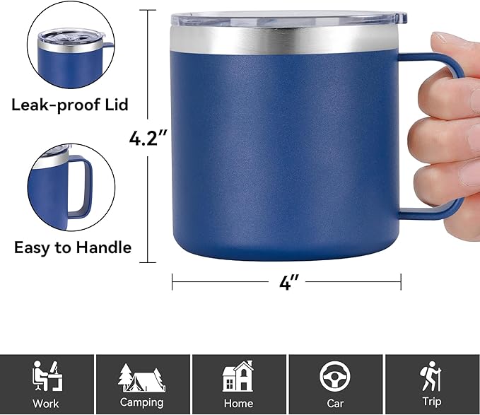 VEGOND 14 oz Insulated Coffee Mug Bulk with Handle, Stainless Steel Travel Coffee Mug with Lid, Double Wall Vacuum Metal Coffee Cup, Coffee Tumbler Powder Coated, Navy Blue 4 Pack