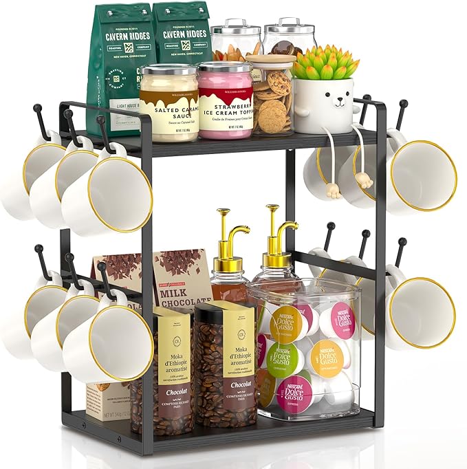 EsLuker.ly 2 Tier Coffee Mug Holder Station Bar Organizer Countertop, Mug Cup Tree Rack for Kitchen Office, Storage Shelf with 12 Hooks, Creat Stylish Coffee Corner, Black