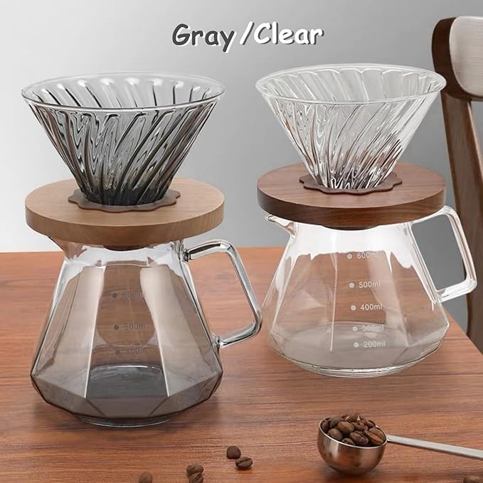 Pour Over Coffee Maker Set 20 oz, 600 ml Borosilicate Glass Coffee Server with Glass Lid, 50 pcs Paper Filter, Walnut Handle Pour Over Coffee Dripper for Home Café Restaurant, Clear